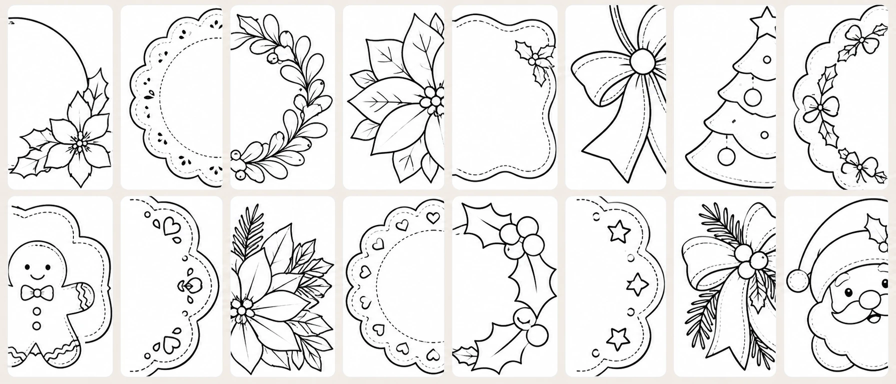 Ejemplos de moldes navideños en blanco y negro: flores, hojas, lazos, árboles y personajes de Navidad