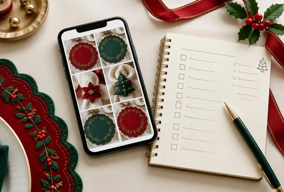 Un celular con productos navideños y un cuaderno de planificación de ventas