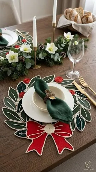 Aro rústico de fibra natural con mini piña dorada y servilleta verde en mesa navideña