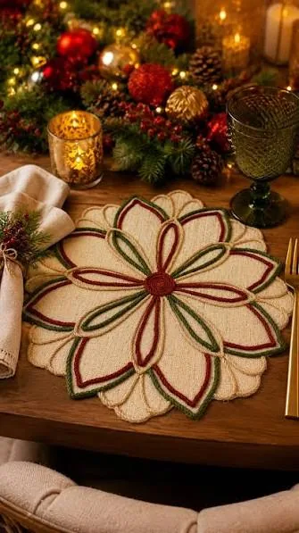Mantel individual navideño con forma de flor de pascua en tonos rojo y verde