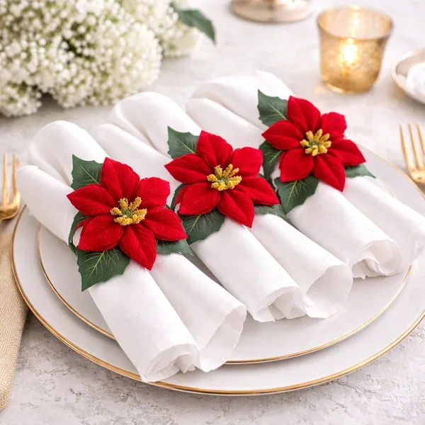 Aros de guardanapo blancos con flores de pascua rojas sobre platos con borde dorado