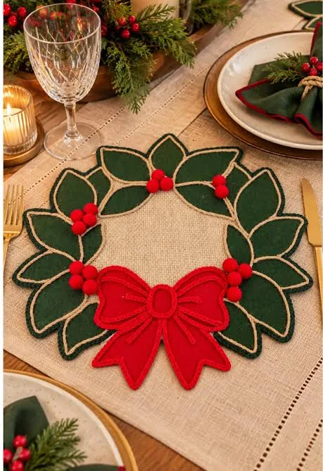 Mantel individual navideño con diseño de corona, hojas verdes y moño rojo