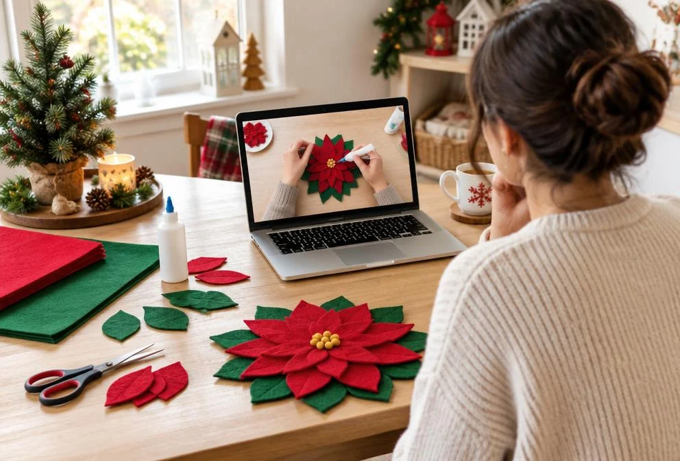 Una mujer viendo una clase en video de manualidades navideñas